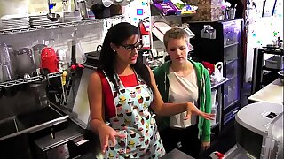 Young blonde Alani Pi has vocation interview painless barista  at Penny Barber's  quick-service coffee shop